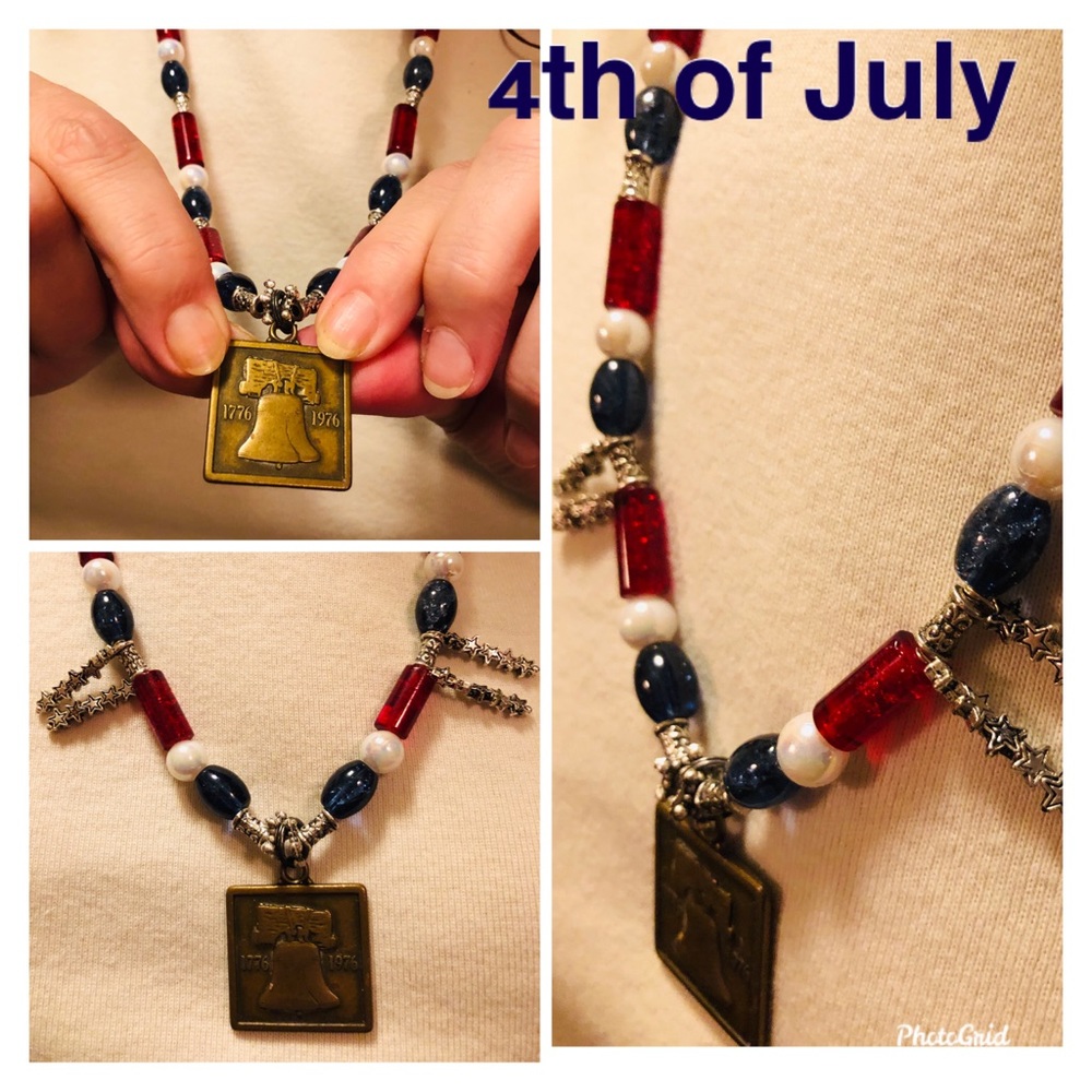 4th of July, crackle glass bead necklace